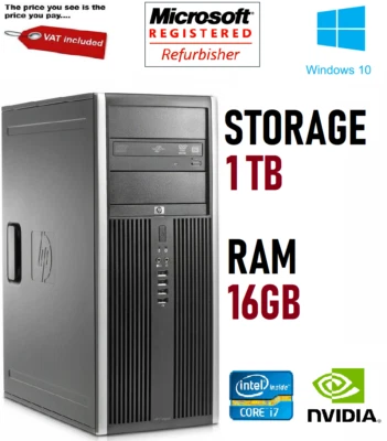 HP Elite 8300 Office PC Core i7 16GB RAM 1TB HDD Nvidia GPU Windows 10 Desktop - Image 1 of 2