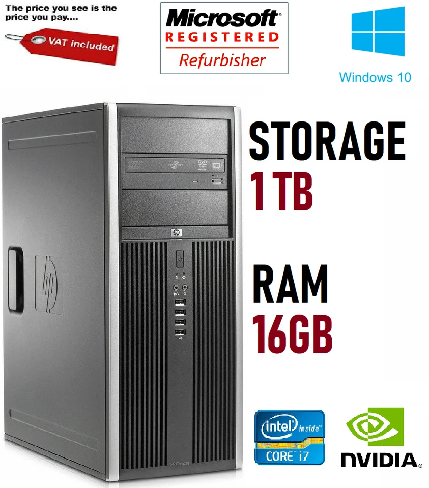 HP Elite 8300 Office PC Core i7 16GB RAM 1TB HDD Nvidia GPU Windows 10 Desktop - Image 1 of 2