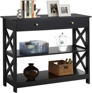 Console Table with Drawer, 39.5 Inch Narrow Sofa Table with Storage Shelves, 3-T - Picture 1 of 9