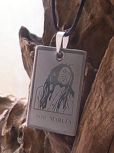 bob marley necklace reflective silver engraved rasta BLESSED PEACE LOVE JAMAICA - Picture 1 of 10