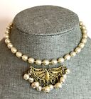 Miriam Haskell Signed Baroque Pearl Wire Choker Necklace Dangling Pearl Estate