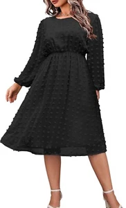 INVOLAND Plus Size Chiffon Dress 18W Swiss Dot Long Sleeve Flowy Midi Dress - Picture 1 of 2