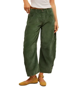 Free People Good Luck Corduroy Mid Rise Barrel Jeans Women's 24 Moss Button Zip - Picture 1 of 16