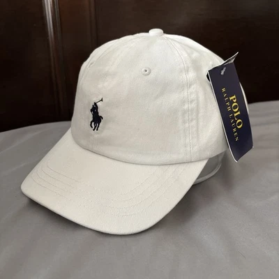POLO Ralph Lauren Men's Cotton Adjust Dad Baseball Cap White w/ Blue Small Pony - Image 1 of 2