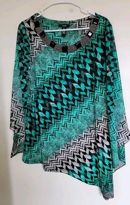 Top túnica de punto líquido con acento asimétrico con cuentas negro verde Alfani para mujer XL Foto 1 de 4