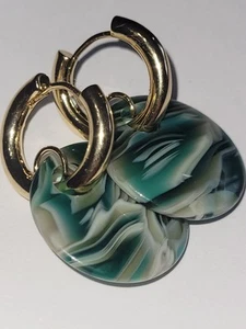 Machete Wavy Swirl Marble Stromanthe Green Stone Brass Chunky Hoop Earrings - Picture 1 of 13