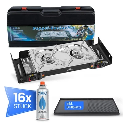 2 flammig Campingkocher Outdoor Camping Gas Kocher Grillplatte +16x Gaskartusche - Bild 1 von 4