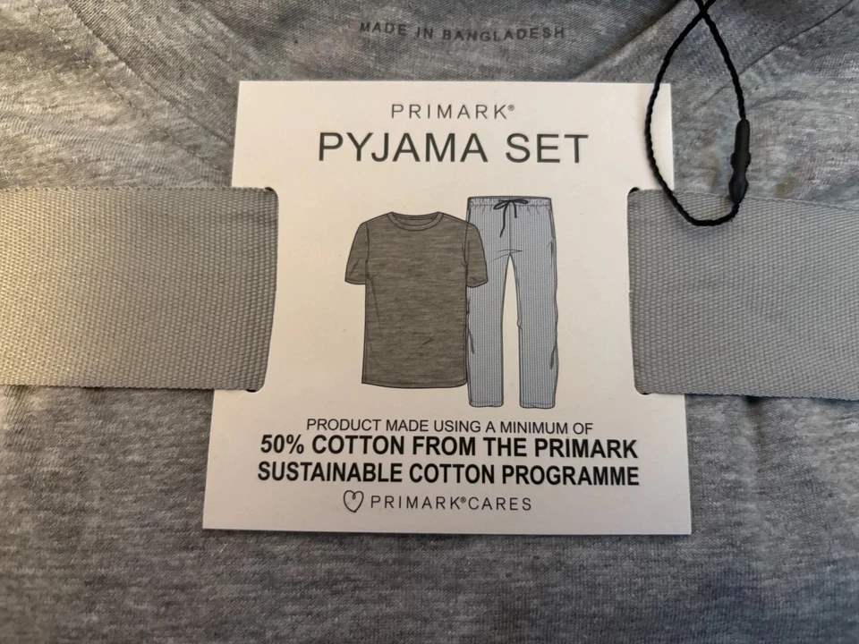 Primark Mens Pyjama Set Short Sleeve Top & Long Tie Waist Bottoms BNWT Grey/Blue - Image 1 of 4