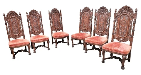 Victorian Set of 6 American Renaissance Revival Carved Oak Dining Chairs Cover