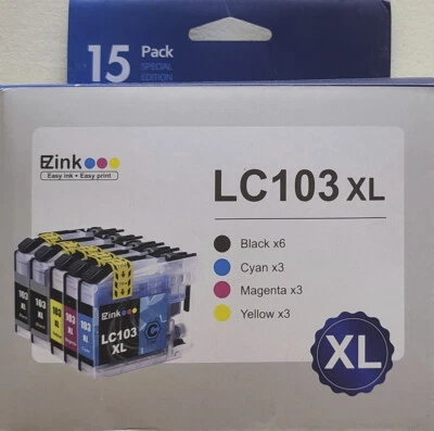 EZink LC103XL 15 PK PRINTER INK 6 Black 3 Cyan 3 Mag 3 Yellow SEALED! Exp. 9/25 - Image 1 of 4