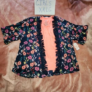 New Girls XXL Pink Orange Tank Top + Floral Kimono Shrug 2 Piece Set NWOT 2XL 18 - Picture 1 of 12