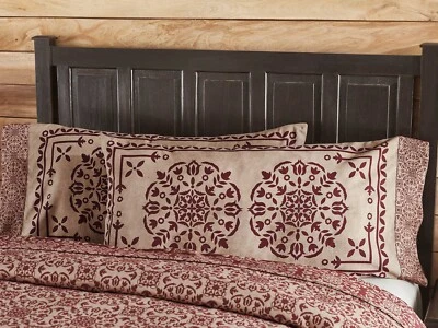 New Primitive Set of 2 RED FOLK ART MEDALLION PILLOW CASE King Size Cover - Image 1 of 2