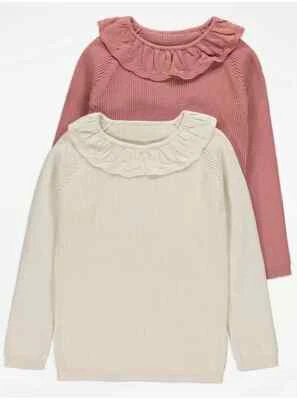 GEORGE 2 PACK RIBBED GIRLS PINK CREAM COLLARED LONG SLEEVE JUMPERS BABY 12m-6yrs