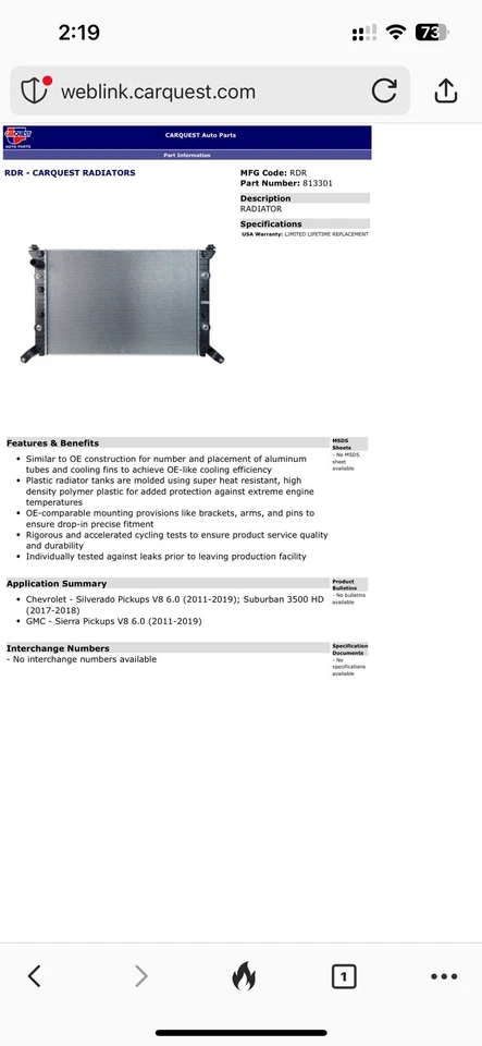 Carquest Radiator 813301 For Chevrolet Silverado11-19 Suburban GMC Sierra11-19 - Image 1 of 4