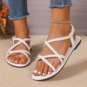 Damen Geflochten Kreuzriemen Flach Slip On Römersandalen Leicht Strandschuhe - Picture 1 of 10