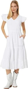 Vineyard Vines Damen weiß gesmoktes V-Ausschnitt Rüschen Kurzarm Midikleid Gr. XXS - Bild 1 von 9