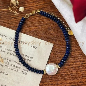 Natural Lapis Lazuli 5x8mm Rondelle Gems Beads White Coin Pearl Bracelet 7.5'' - Picture 1 of 5