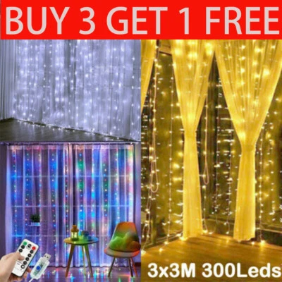 3Mx3M LED Curtain String Fairy Lights In/Outdoor Controller Window Wedding Decor - Image 1 of 4