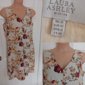 Laura Ashley Dress UK 16 Linen Blend Floral Sleeveless Midi Shift Wedding Guest - Picture 1 of 13