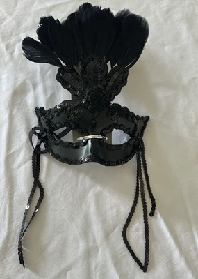 Black Feather Masquerade Mask Sequin Lace Venetian Costume Party Adult Halloween - Image 1 of 4