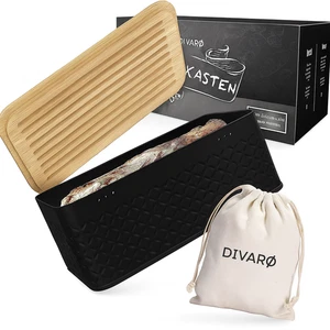 DIVARØ Brotkasten Brotbox schwarz mit Bambusdeckel 2in1 Schneidebrett 33cm - Bild 1 von 3