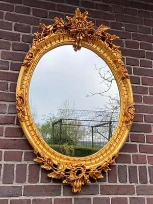 Wall Mirror French Louis XVI Vintage Oval Beech Wood Gold Leaf Floral Frame - Image 1 of 4