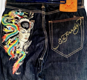 Jeans uomo vintage Ed Hardy 34x34 (34x27) blu ricamato drago giapponese - Foto 1 di 13