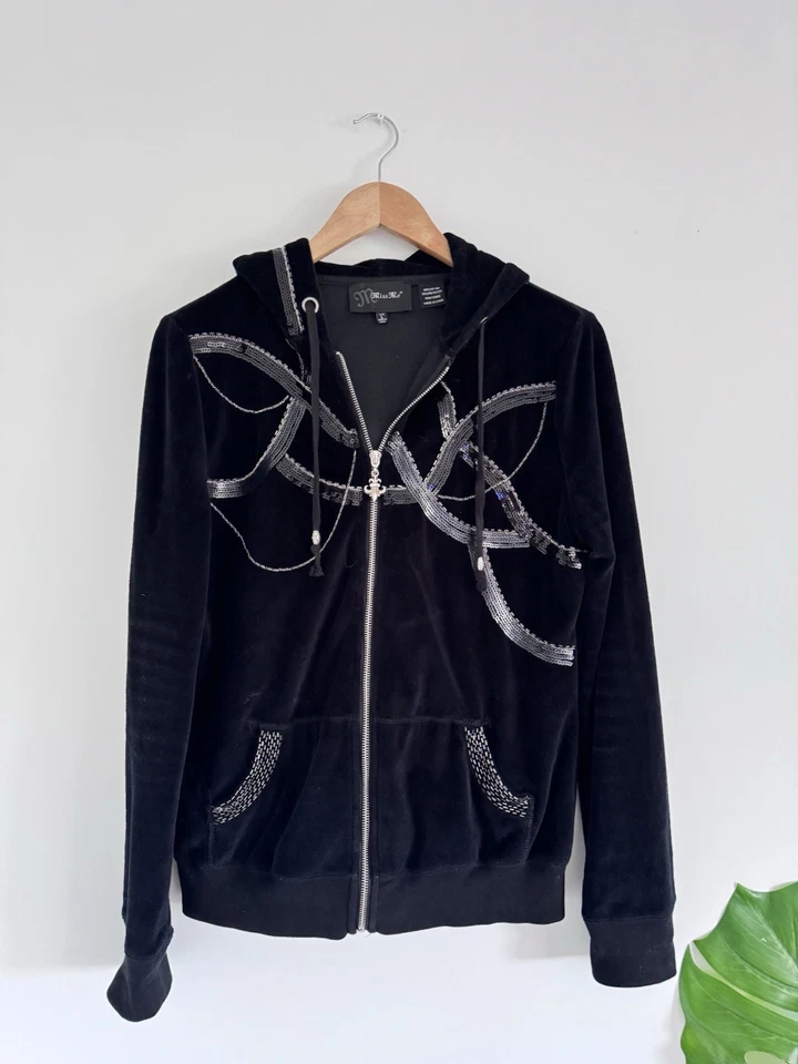 Sudadera con capucha Miss Me para mujer grande de terciopelo negro bordada con cuentas de lentejuelas Foto 1 de 4