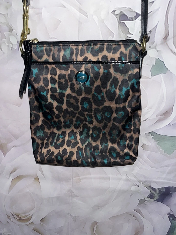 Bolso Bandolera Cartera Coach Marrón Turquesa Ocelote Estampado Leopardo Paquete Columpio Foto 1 de 4
