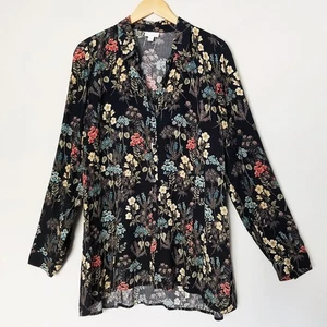 J. Jill schwarz botanisch Blumen Knopfleiste Shirt Bluse Tunika Langarm M - Bild 1 von 15