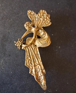 ANTIQUE COPPER ART NOUVEAU 2.25" FLOWER FAIRY BROOCH PIN PENDANT Damaged Clip - Picture 1 of 4