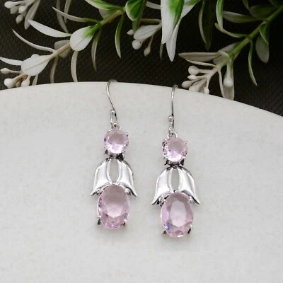 Pendientes de plata de ley 925 encantadores pendientes de piedras preciosas de cuarzo rosa para regalarle Foto 1 de 4