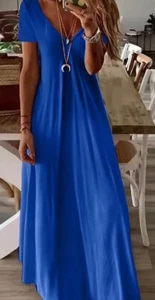 ❤️schickes Maxi Kleid in Übergröße kurzen Ärmel und V-Ausschnitt royal blau 2XL - Bild 1 von 6