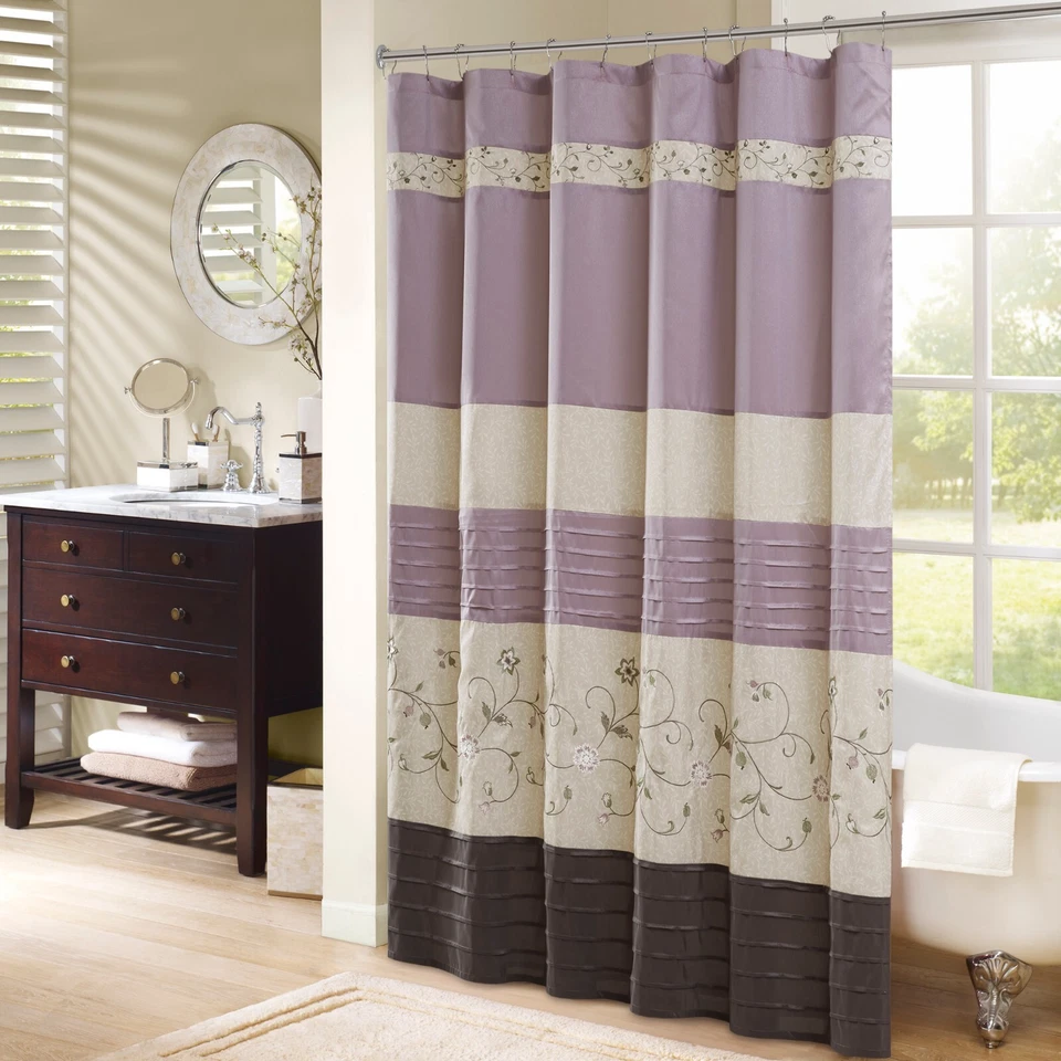 Madison Park Serene Faux Silk Embroidered Floral Shower Curtain 72x72 Purple