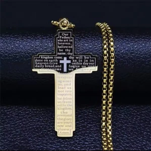 Men Boys Stainless Steel Cross Pendant Necklace Lord's Prayer Bible Chain 24" - Picture 1 of 5