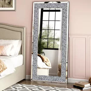 Wall Hanging Rectangle Gorgeous Silver Mirror Crush Crystal Diamond Decor Mirror - Picture 1 of 12