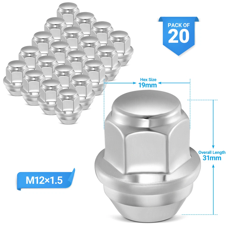 (20) Tuercas de rueda cromadas 12x1,5 hexagonales de 19 mm para Ford Focus Fusion Escape EcoSport Foto 1 de 4