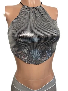 Y2K sexy silver Sequin crop top new Glam Party Clubbing Top Fairycore L Disco - Picture 1 of 11