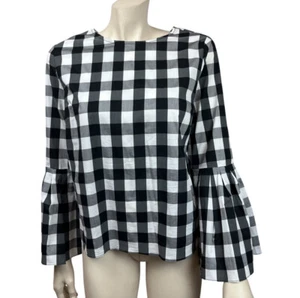 Womens Sunday in Brooklyn Large B&W Checkered Blouse Pull On Bell Sleeve Keyhole - Picture 1 of 5