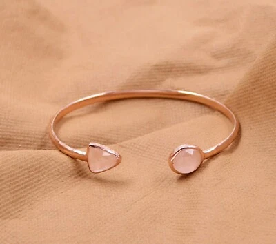 Bracciale in argento sterling 925 placcato oro rosa quarzo rosa 2,5" gioielli - Immagine 1 di 4