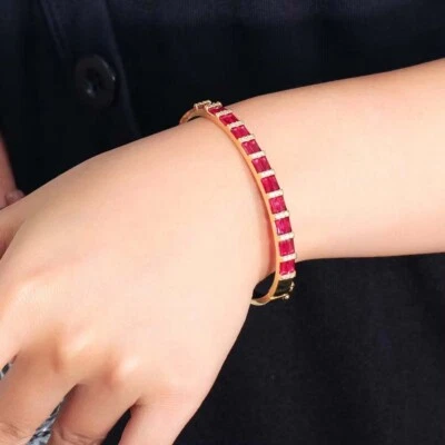 5 Ct Lab Created Ruby & Diamond 14K Yellow Gold Plated Women Bangle Bracelets - Image 1 of 4
