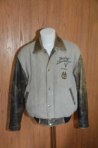 VTG Men's 90's Harley Davidson V2 Power Leather & Gray Fabric Jacket Size Medium - Picture 1 of 11