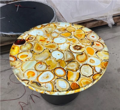 Yellow Agate Stone Coffee Table Handmade Furniture Gemstone Countertop Decor - Image 1 of 4