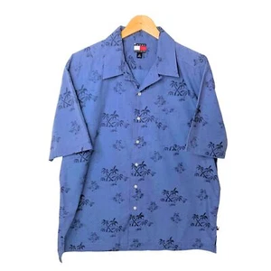 Vintage Tommy Hilfiger Men L Blue Tropical Shirt Short Sleeve Button Up Hawaiian - Picture 1 of 10