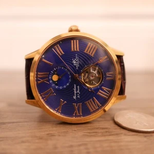 Adee Kaye Turin Collection Moonphase Automatic Brown Leather Band 21Jewels -Blue - Picture 1 of 3