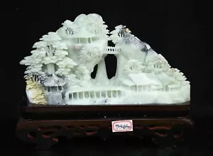 15.6" China Naturally Xiu Jade Craving Fengshui Landscape Pavilion Tree Statue - Picture 1 of 14