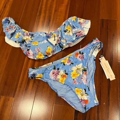 Novo com etiquetas Conjunto de Biquíni Nanette Lepore Azul Duas Peças Floral Um Ombro Natação Tamanho G - Imagem 1 de 4