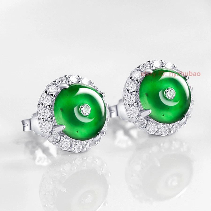 Pendiente certificado natural verde jadeíta círculo donut 925 con incrustación de plata Foto 1 de 1