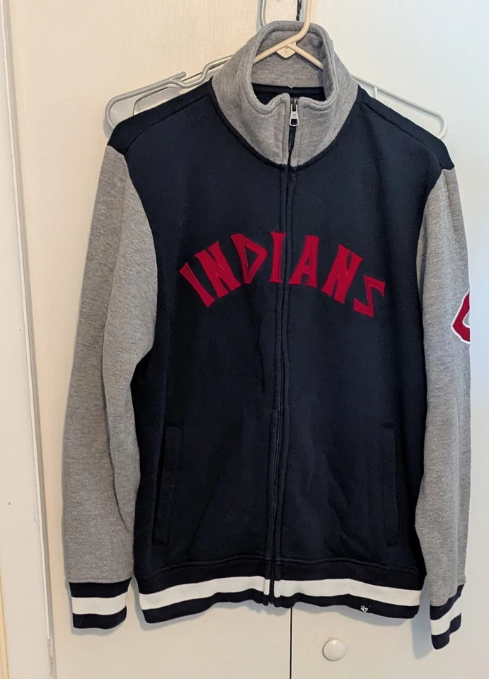 Jaqueta de atletismo masculina 47 marcas Cleveland Indians tamanho P azul cinza zíper completo logotipo liga principal de beisebol  - Imagem 1 de 4