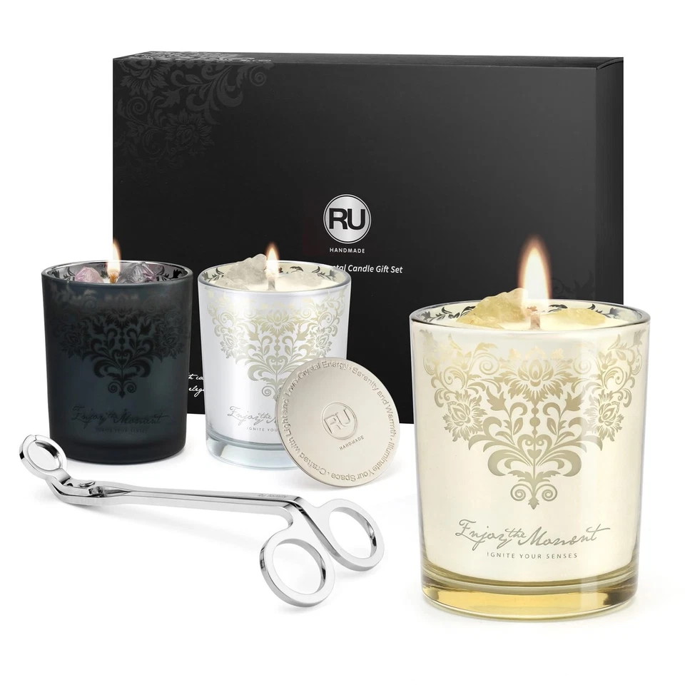 Juego de regalo de velas perfumadas de lujo – 3 velas de aromaterapia de soja y cera de abejas de cristal Foto 1 de 4